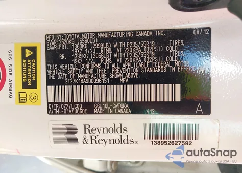 2013 Lexus Rx 350 from USA, damaged, VIN 2T2ZK1BA9DC096151